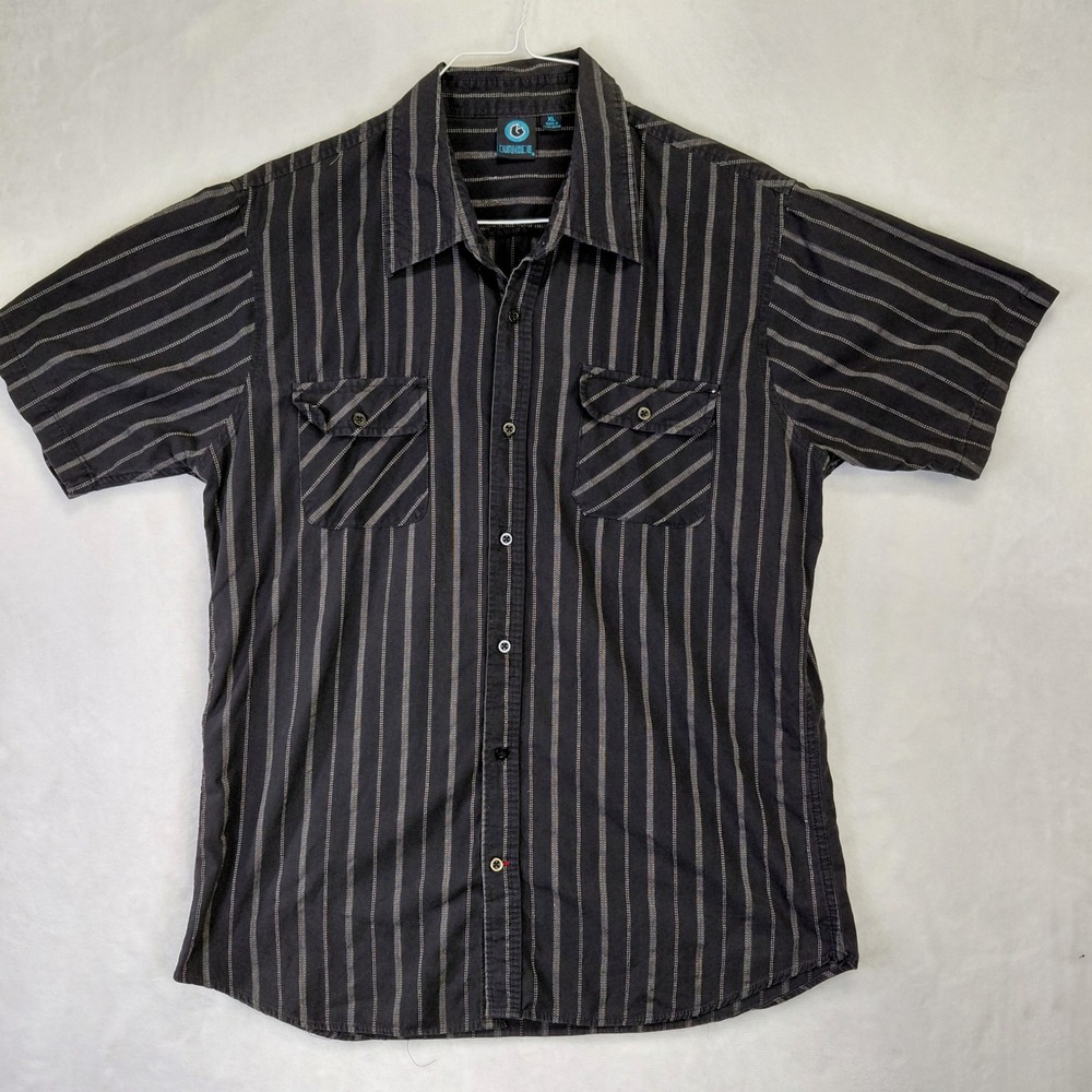 Burnside Mens XL Short Sleeve Button Down Shirt Black Grey Striped Pockets